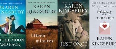 This collage of Karen Kingsbury Christian Romance Books includes Just Once