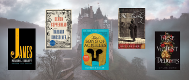 5 book covers on a magic castle background