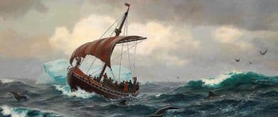 painting of vikings on a ship near the Greenland coast