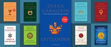 This collage shows all 9 of the published books in the Outlander series