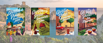 auntie poldi mystery series book covers on Sicilian landscape background