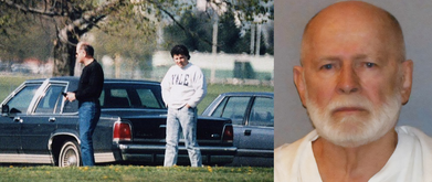 surveillance photo of Whitey Bulger and his enforcer (left) and Whitey Bulger mug shot (right)