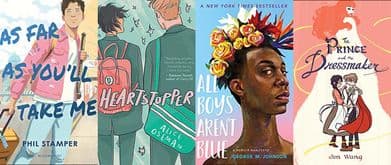 Collage of LGBTQIA+ books like Heartstopper