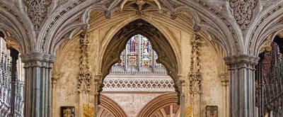 image of cathedral hallway and stained glass; christian history books